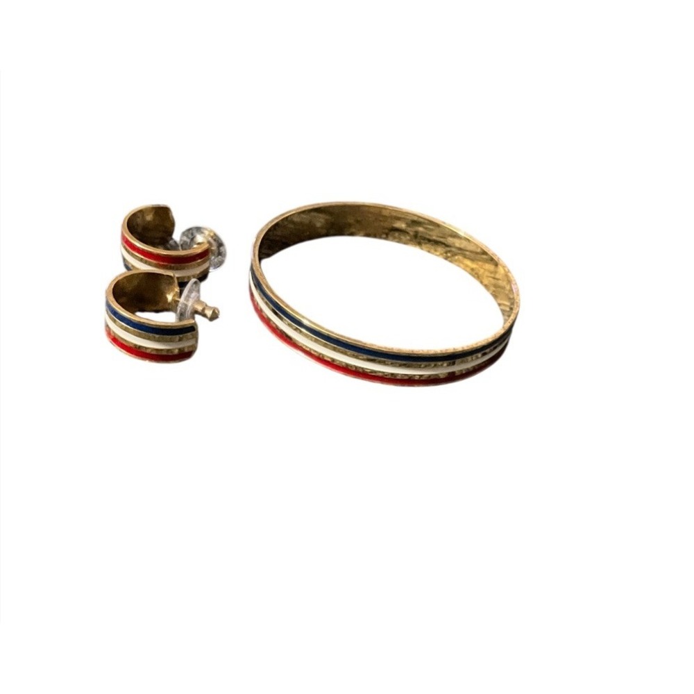 Vintage Red White & Blue Enamel Bangle Bracelet & Earrings Set